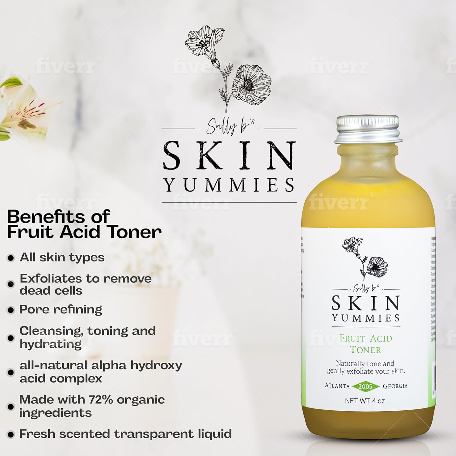 Sally B's Fruit Acid Face Toner and Daily Exfoliator/Alpha Hydroxy Acid (AHA) / 5 in 1 Action: Astringent, Cleansing, Calming, Exfoliating, and Hydrating / 4OZ-FemmiqueWomen