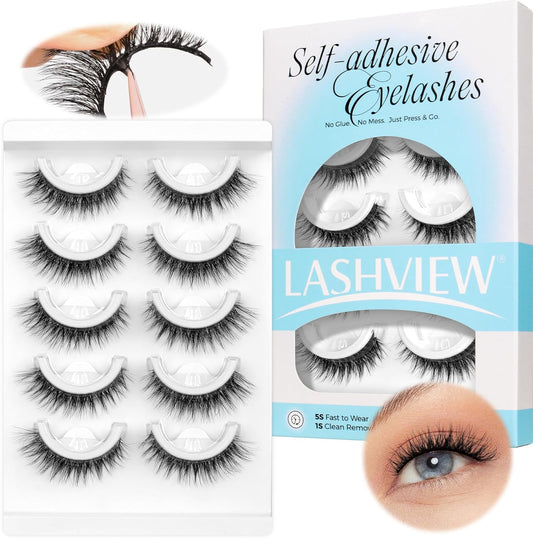 LASHVIEW Self Adhesive Eyelashes 5 Pairs Cat Eye Wispy Self-adhesive False Lashes Reusable Natural Look Press On Lashes No Glue Need Eyelashes with Replacement Adhesive Strips (CV122)-FemmiqueWomen