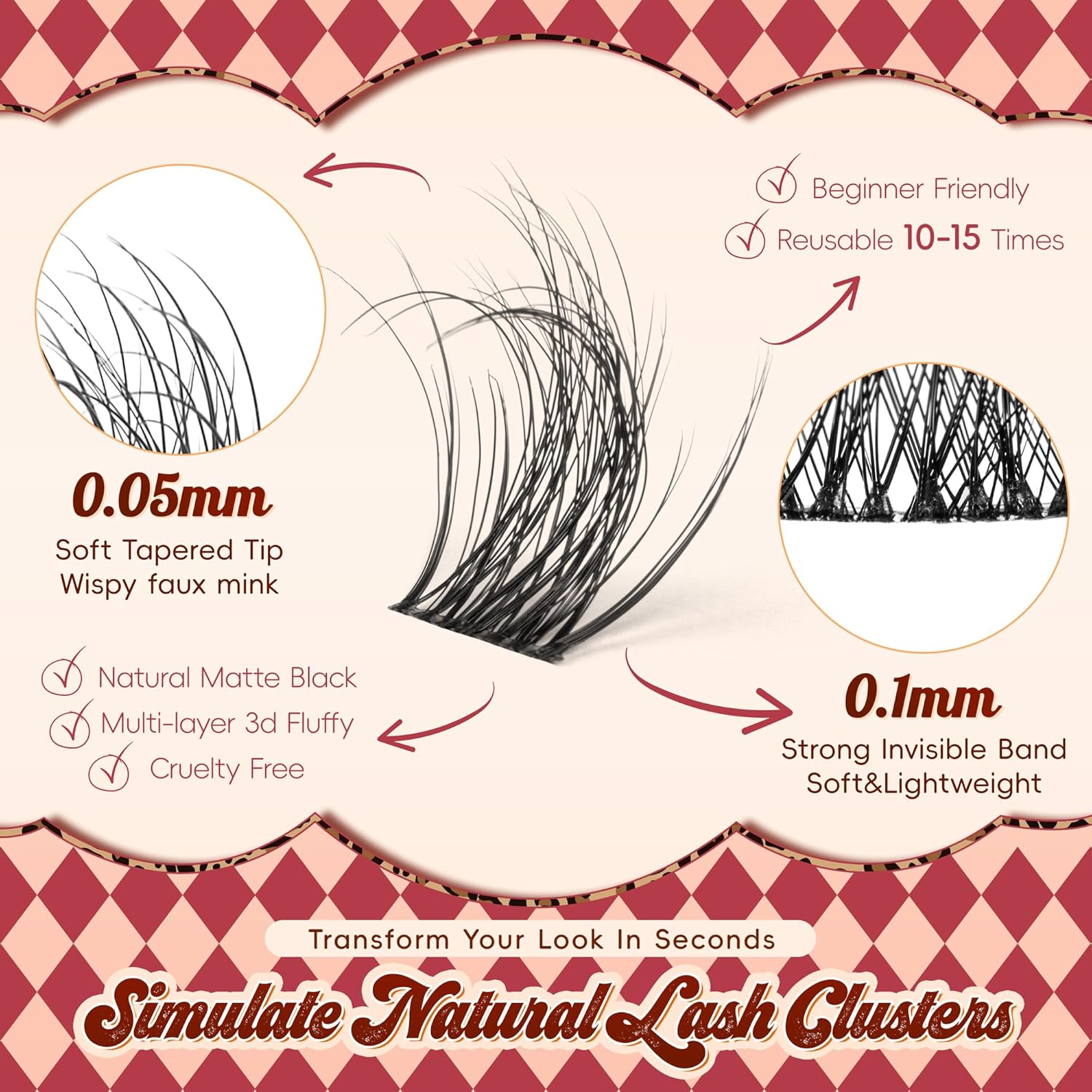 Lash Clusters 0.05mm PBT Fiber Eyelash Clusters, 0.1mm Superfine Invisiband D Curl Diy Lash Extension, 96pcs 8-16mm Individual Like Eyelash Extensions (Velvet-D-8-16Mix)-FemmiqueWomen