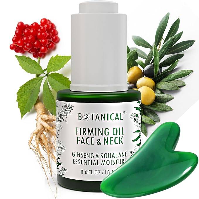 Botanical Face & Neck Firming Oil | Anti-Wrinkle Ginseng & Squalane Serum w/Gua Sha Lift Scraper | Organic, Pure, Natural Skincare (0.6 fl oz | 18 ml)-FemmiqueWomen