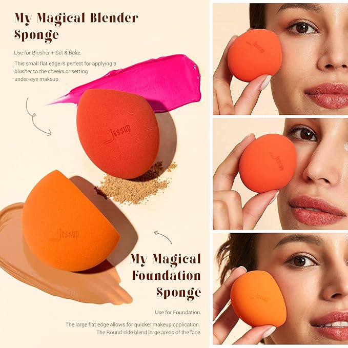 Jessup Foundation Brush with Makeup Sponge Set, 1pc Flat Top Kabuki Brush and 3pcs Make up Sponges for Concealer Blending Blush Powder Buffing Stippling with Gift Box, T505-FemmiqueWomen