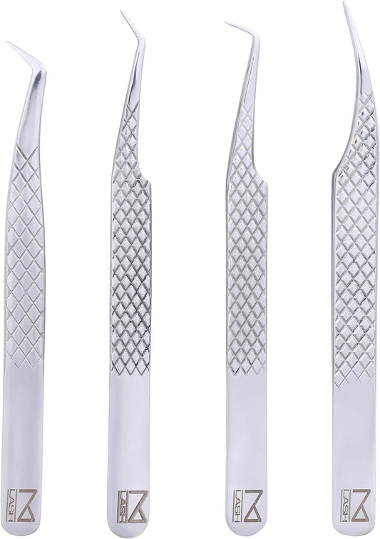 M LASH Eyelash Extension Tweezers (Set of 4) - Professional & Precision Lash Tweezers for Eyelash Extensions - Japanese Steel, Diamond Grip, Fiber Tip V3 (Silver)-FemmiqueWomen