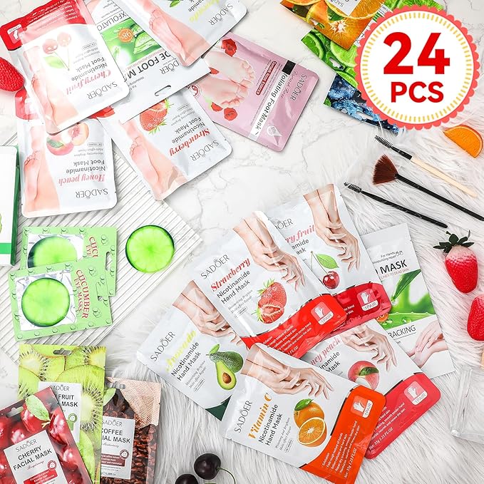 24 Pcs Fruits Beauty Facial Hand Foot Mask Cooling Eye Pads Set Spa Party Night Kit Beauty Skincare Hydrating Skin Cooling Eye Masks for Puffy Eyes Spa Stocking Stuffers Night Summer Party-FemmiqueWomen