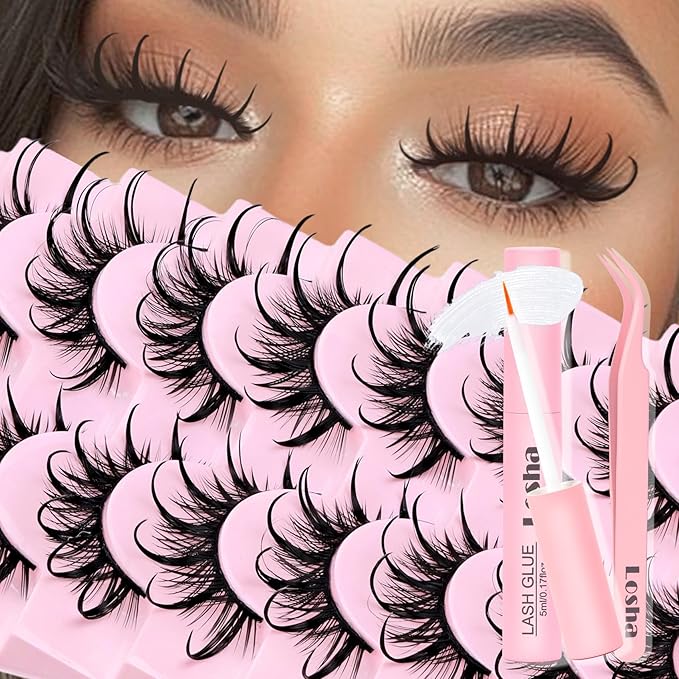 Losha Lashes Spiky Manga Lashes Wet Look Dramatic False Eyelashes 10 Pairs D Curl Cat Eye Lashes Kit with Lash Glue and Lash Tweezers Cosplay Anime Fake Eyelashes (Daring)-FemmiqueWomen