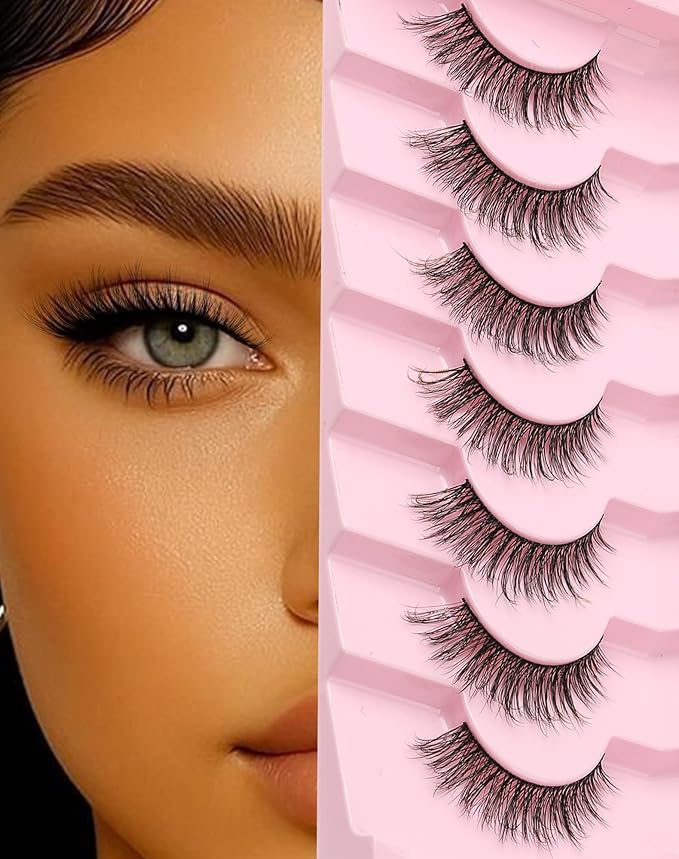 Natural Lashes Wispy False Eyelashes Strip Flared Natural Look Eyelash CatEye Lash Soft Lashes Fluffy Mink Eyelash Pack 7 Pairs 16MM D76-FemmiqueWomen