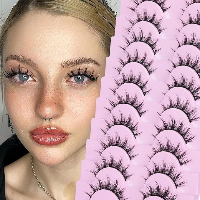 FANXITON Manga Lashes Wispy Natural Look Faux Eyelashes 10 Pairs Asian 3D False Eyelashes 14 mm Cat Eye Lashes Pack-FemmiqueWomen