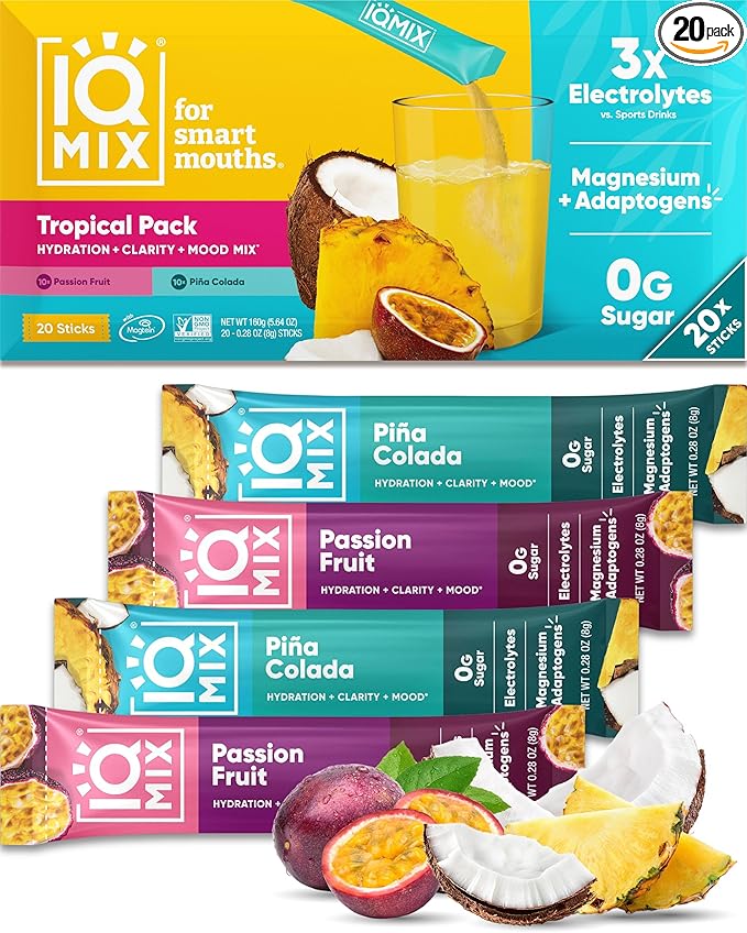 IQMIX Hydration Electrolyte Powder – 4-in-1 Formula for Hydration, Mental Clarity, Mood and Recovery – Sugar-Free Drink Mix, Keto, Magnesium L-Threonate, Lion’s Mane – 20 Count Tropical Variety Pack-FemmiqueWomen