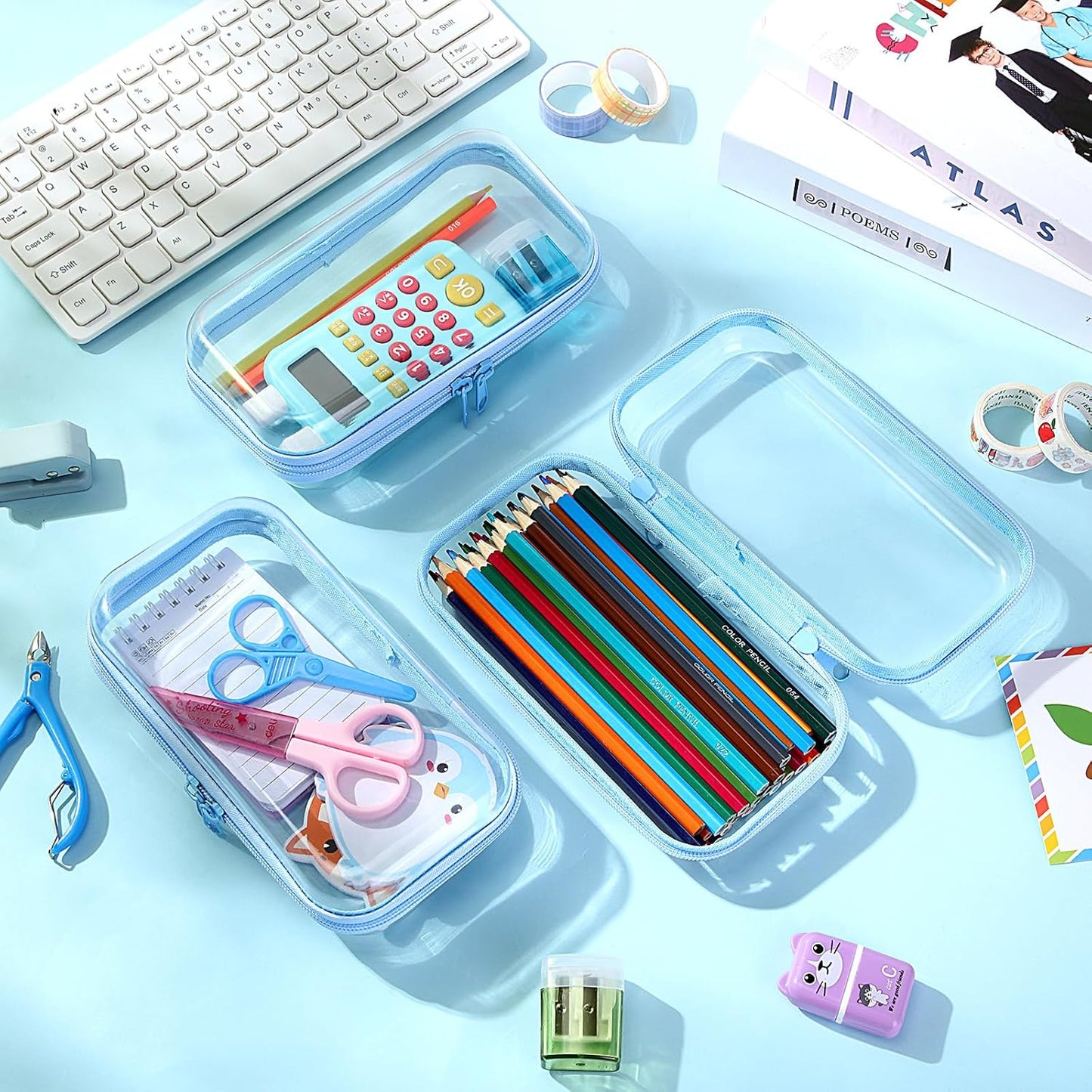 Hoolerry 3 Pcs Clear Hard Zipper Case Plastic Pouch Transparent Hard Case Clear Makeup Bag Portable Travel Organizer Bin for Cosmetics, Building Blocks, Puzzles(Blue,S)-FemmiqueWomen