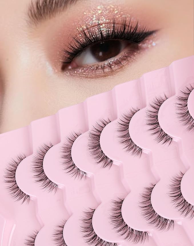 Clear Band Lashes Short Everyday Wispy False Eyelashes Natural Look Flared Strip Eyelash Small Lash Soft Fluffy Pack 7 Pairs SF-06-FemmiqueWomen