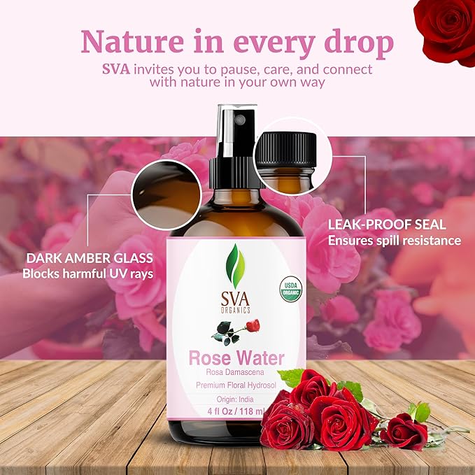 SVA ORGANICS Rose Water 4oz (118 ml) Refreshing Rose Water Spray for Skin Care, Skin Hydration, Bath, Soaps, Haircare & Aromatherapy-FemmiqueWomen