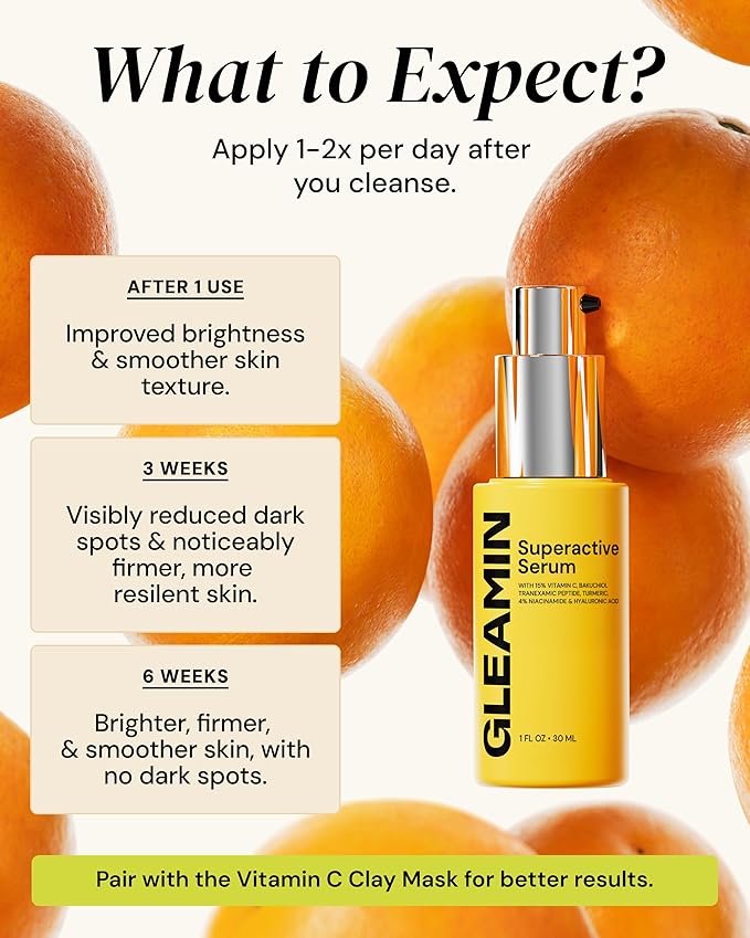 Gleamin Superactive Vitamin C Serum for Face with 15% Vitamin C, Niacinamide, Bakuchiol & Hyaluronic Acid – Skin Brightening Facial Serum for Women & Men – Dark Spot Remover & Radiant Glow – 1 fl oz-FemmiqueWomen