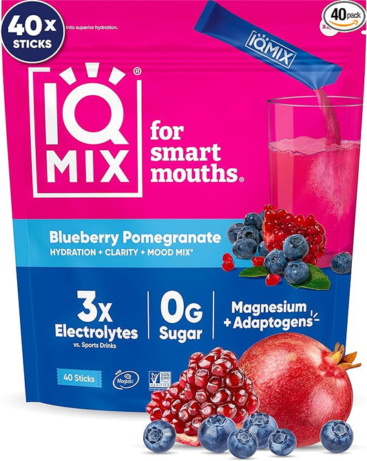 IQMIX Hydration Electrolyte Powder – 4-in-1 Formula for Hydration, Mental Clarity, Mood and Recovery – Sugar-Free Drink Mix, Keto, Magnesium L-Threonate, Lion’s Mane – 40 Count Blueberry Pomegranate-FemmiqueWomen