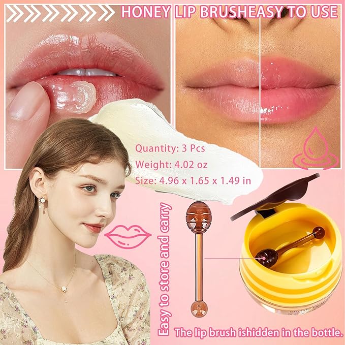 2PCS Bee Lip Balm,Hydrating Honey Pot Lip Balm with Stick,Non-Greasy Silky Sleeping Lip Mask Set,Long Lasting Lip Scrubs Moisturizer for Dry Cracked Lips（Honey ＋Strawberry）-FemmiqueWomen