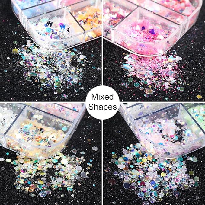 12 Grids Flaky Nail Art Glitter Sequins 3D Heart-Shaped Butterfly Ultra Thin Nail Art Sparkly Flake Designs Moon Stars Decorations Nail Glitter Sequins Suitable for Female Girl Nail Art Techniques-FemmiqueWomen