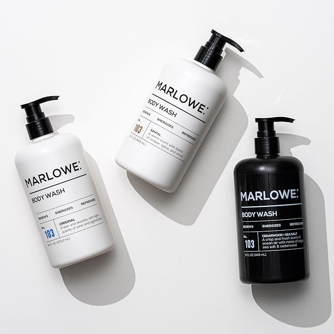 MARLOWE. No. 103 Body Wash 15 oz Pump, Cedarwood + Sea Salt, Energizing & Refreshing Shower Gel, Willow Bark & Green Tea Extracts, Cleanses, Moisturizes, Smooths & Nourishes, Fresh & Zesty Scent-FemmiqueWomen