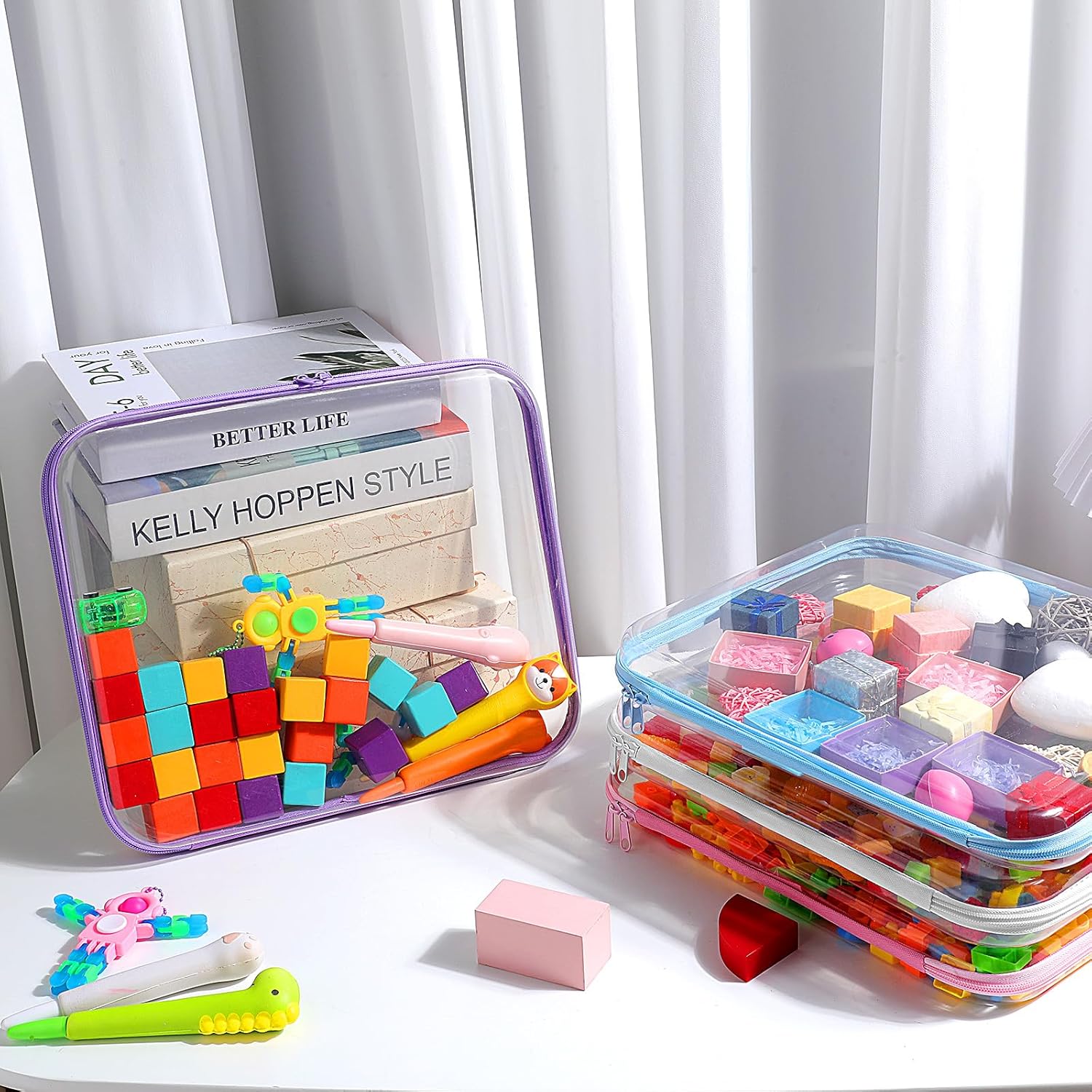 Hoolerry 4 Pcs Hard Clear Zipper Case Makeup Bags Plastic Pencil Pouch Transparent Storage Box Containers for Cosmetics, Snacks, Building Blocks, Puzzles(Multicolor,13.8 x 11.8 x 2 in)-FemmiqueWomen