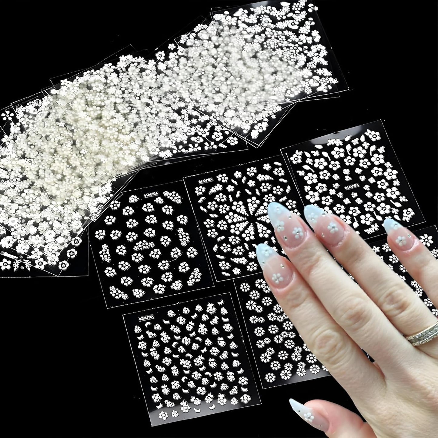 30 Sheets White Flower Nail Art Stickers - 3D Self Adhesive Daisy Decals for Spring Nail Art - Floral Supplies for Women and Girls-FemmiqueWomen