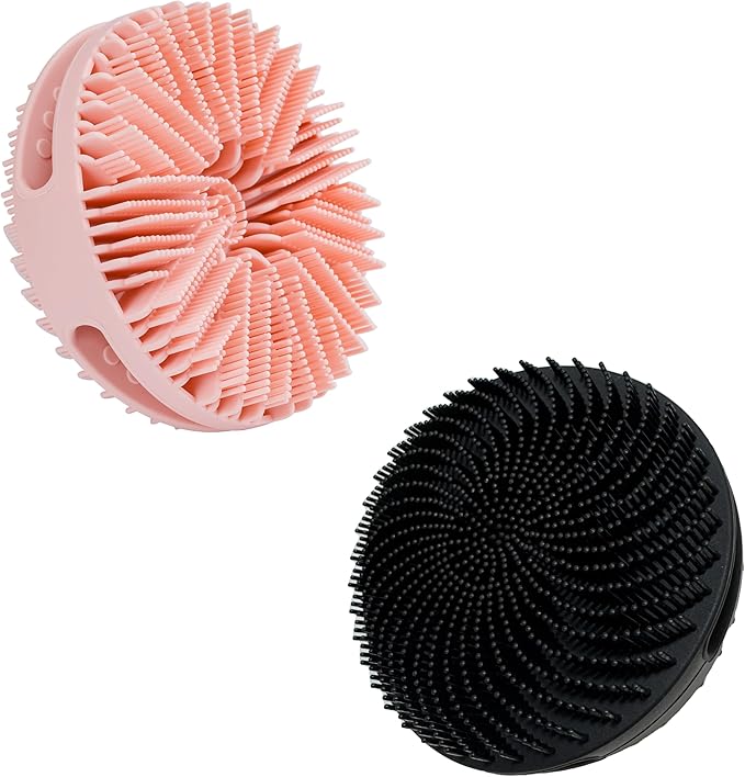 2 PC Silicone Exfoliating Body Scrubber, Silicone Body Shampoo Brush, Soft Silicone Loofah for Sensitive Skin, Shower Silicone Hair Scalp Massager, Easy to Clean, Lather Well(Pink&Black)-FemmiqueWomen