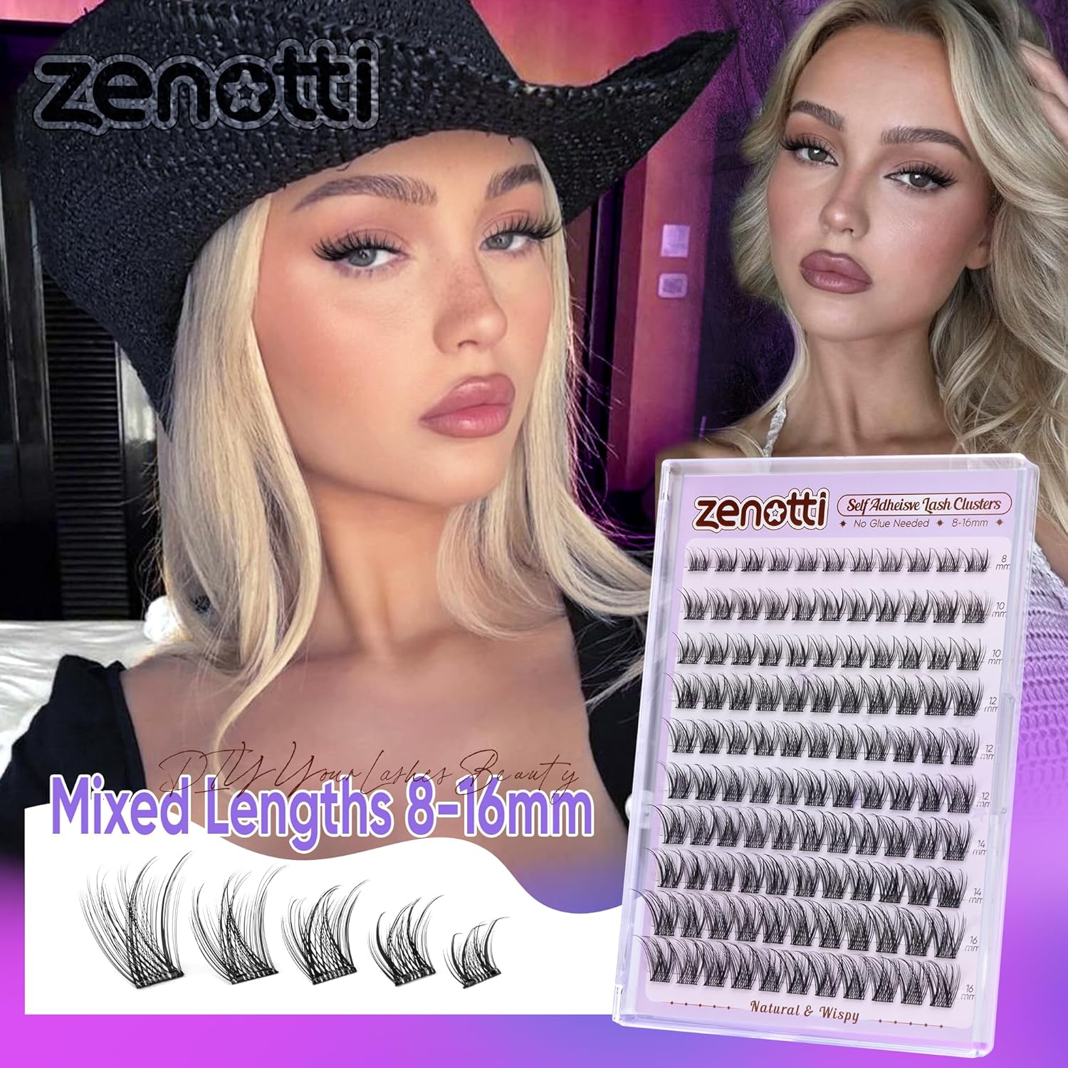 Self Adhesive Eyelash Clusters Natural Self Adhesive Lashes Cluster No Glue Eyelashes Press on Lashes Pre Glued Wispy Cluster Eyelash Extensions 8-16mm 120Pcs by zenotti-FemmiqueWomen