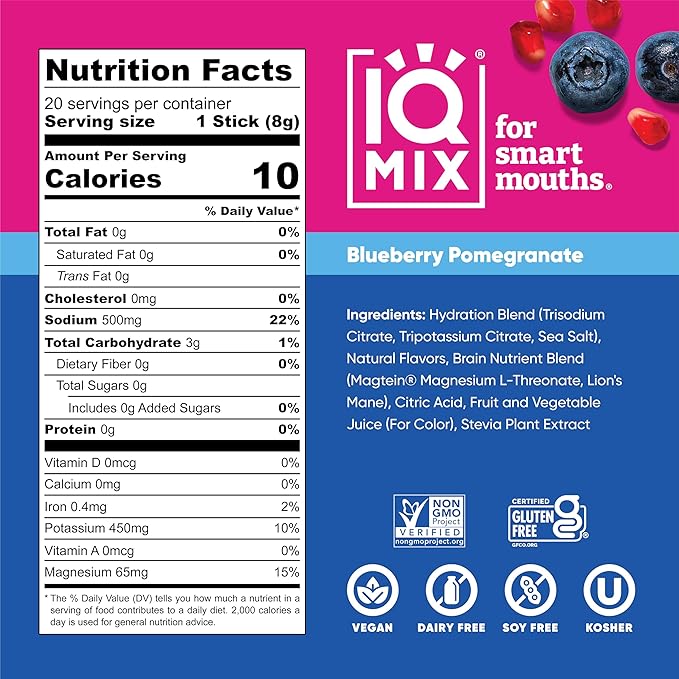 IQMIX Hydration Electrolyte Powder – 4-in-1 Formula for Hydration, Mental Clarity, Mood and Recovery – Sugar-Free Drink Mix, Keto, Magnesium L-Threonate, Lion’s Mane – 20 Count Blueberry Pomegranate-FemmiqueWomen