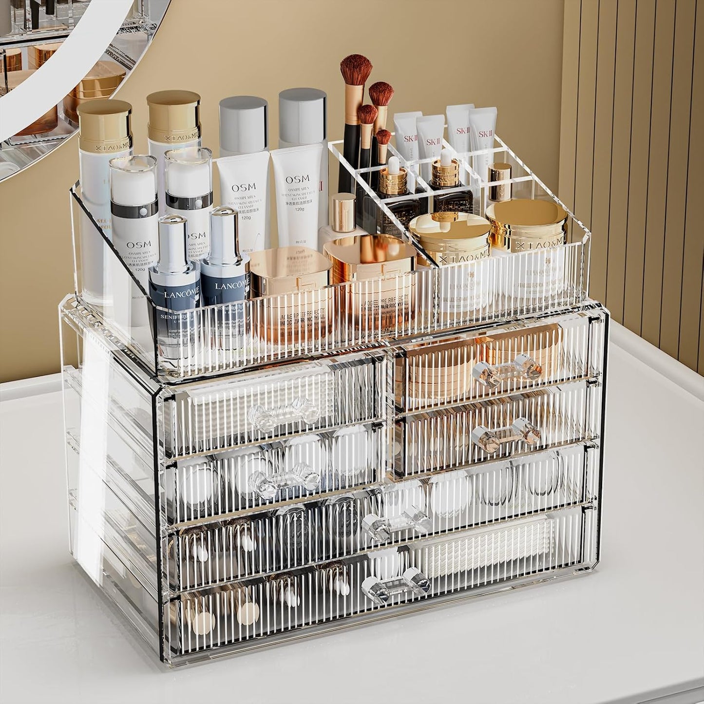 ZHIAI Stackable Storage Drawers, Acrylic Bathroom Counter Organizer Clear Makeup Organizers for Vanity, Kitchen Cabinets, Bathroom, Undersink, Home Organization and Storage (1 Top 6 Drawers)-FemmiqueWomen