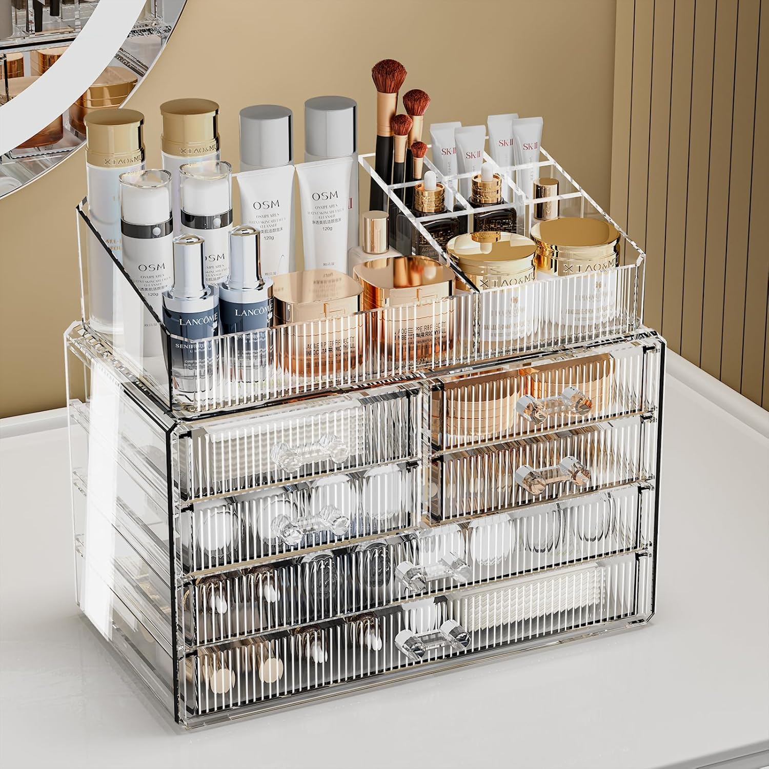 ZHIAI Stackable Storage Drawers, Acrylic Bathroom Counter Organizer Clear Makeup Organizers for Vanity, Kitchen Cabinets, Bathroom, Undersink, Home Organization and Storage (1 Top 6 Drawers)-FemmiqueWomen