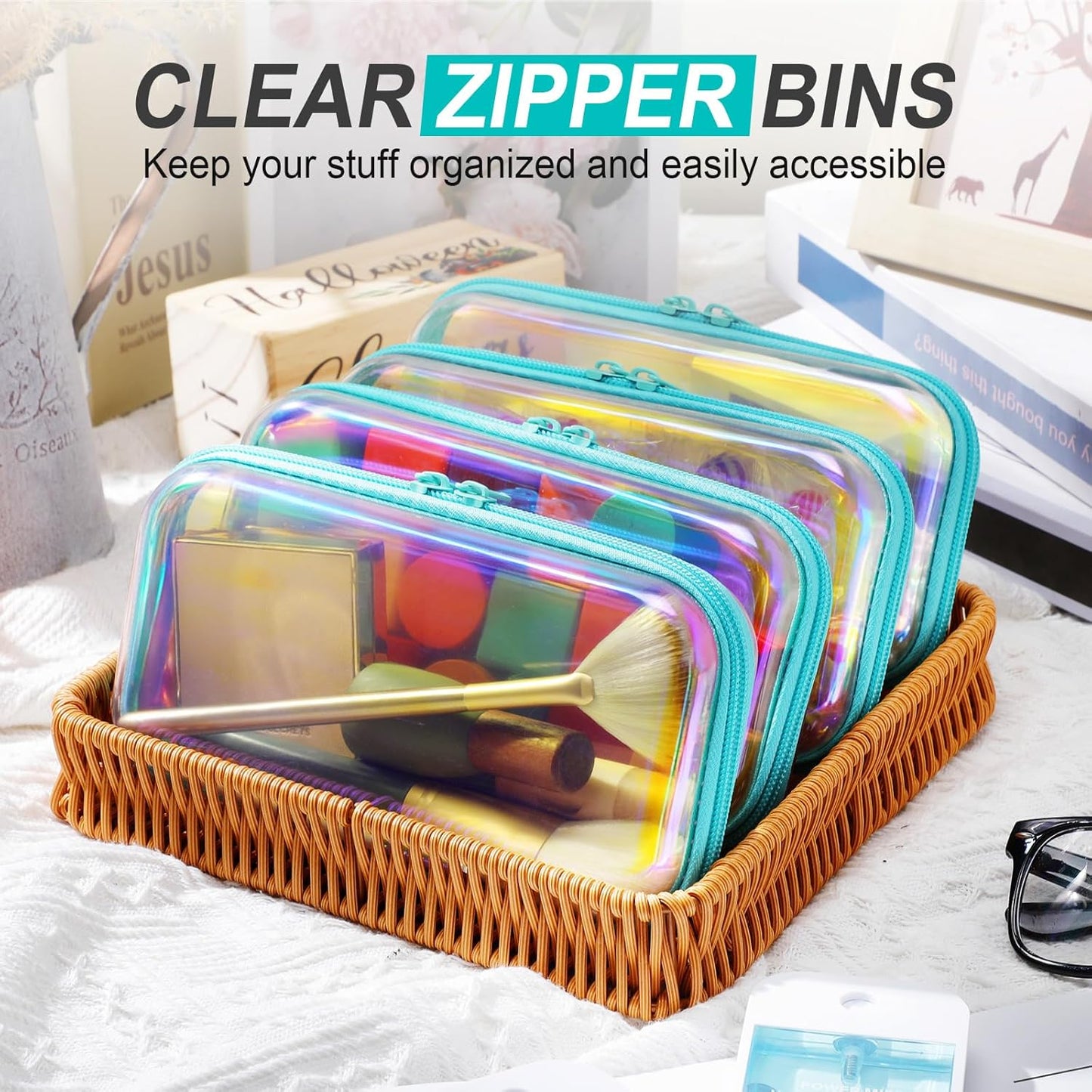 Hoolerry 4 Pcs Hard Clear Zipper Case Makeup Bags Plastic Pencil Pouch Transparent Storage Box Containers for Cosmetics, Snacks, Building Blocks, Puzzles(Blue Laser,7.5 x 3.9 x 2 in)-FemmiqueWomen