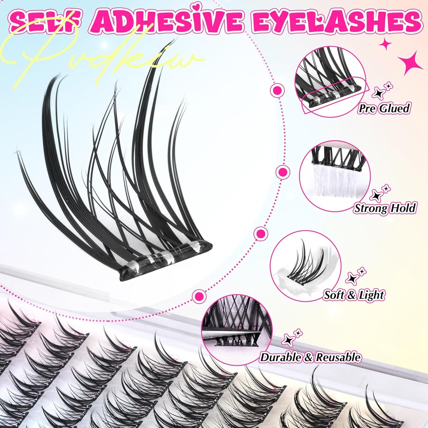 Self Adhesive Eyelashes Manga Self Adhesive Lash Clusters Natural Pre Glued Eyelashes Clusters Wispy Press on Lashes No Glue Needed C Curl Cluster Eyelash Extensions Reusable 10-16mm-FemmiqueWomen
