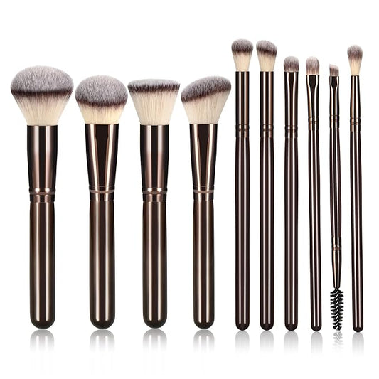 10 Piece Black brown Makeup Brushes - Wooden Handle with Soft Synthetic Bristles,for Face & Eye Makeup|Professional Makeup Brushes set for Women & Girls|-FemmiqueWomen
