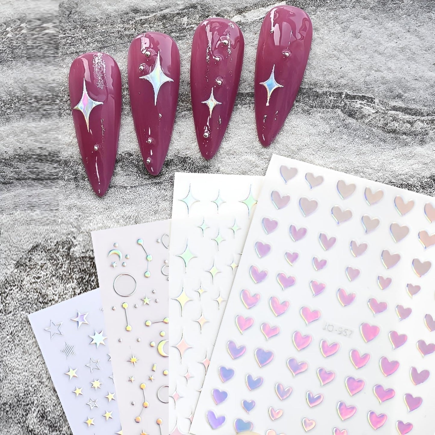 12 Sheets Aurora Nail Stickers for Nail Art 3D Self Adhesive Moon Star Nail Art Stickers Aurora Nail Decals Glitter Holographic Nail Design Heart Nail Art Supplies DIY Manicure Decorations for Women-FemmiqueWomen