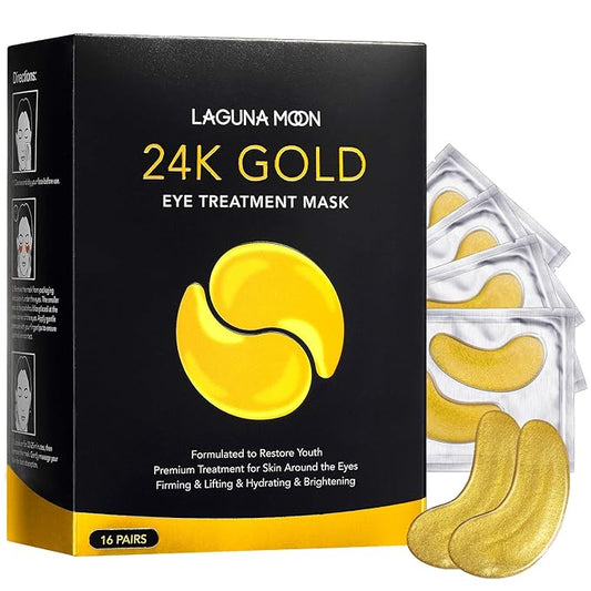 24K Gold Eye Mask, Anti-Aging Hydrolyzed Collagen and Hyaluronic Acid Under Eye Patches for Puffy Eyes & Bags, Dark Circles and Wrinkles, 16 pairs-FemmiqueWomen