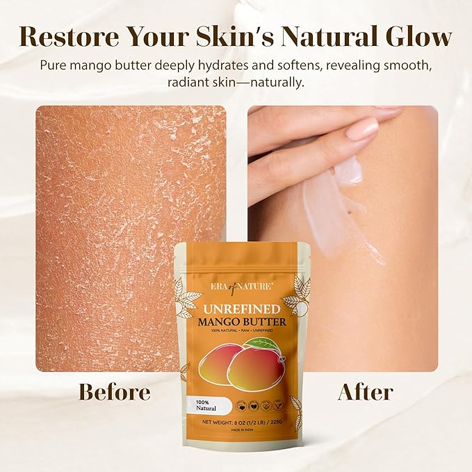 era of nature Organic Unrefined Raw Mango Body Butter Block 8oz - Moisturizing Mango Seed Raw Butter Bar for Skin & Hair, DIY Lip Balm Base, Cream, Soap & Lotion Making Supplies Kit, Personal Skincare-FemmiqueWomen