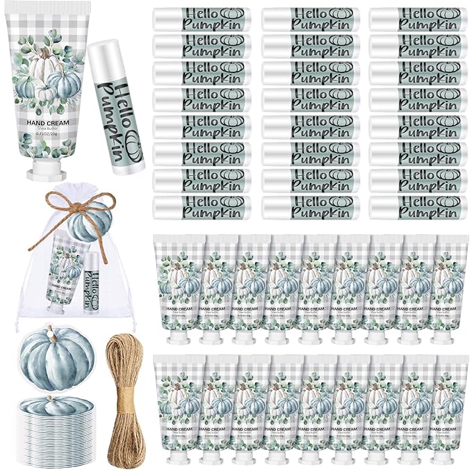 144 Pcs Fall Lip Balm Hand Cream Set Party Favors, Include 36 Blue Pumpkin Lip Balm 36 Moisturizing Hand Cream 36 Bags 36 Cards and Ropes for Autumn Accessories Gifts-FemmiqueWomen