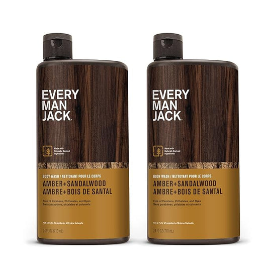 Every Man Jack Amber+Sandalwood Hydrating Mens Body Wash for All Skin Types-Cleanse, Nourish, and Hydrate Skin with Naturally Derived Ingredients-Paraben Free, Phthalate Free, Dye Free-24oz(Pack of 2)-FemmiqueWomen