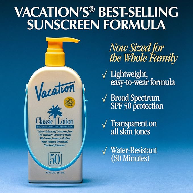 Vacation Classic Lotion SPF 50 Sun Jug, Broad Spectrum Bulk Sunscreen SPF 50, Water Resistant Sunblock, Suntan Lotion with Pump, Vegan, Family-Size, 20 Fl. Oz.-FemmiqueWomen