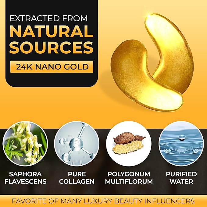24k Gold Eye Mask - Under Eye Patches for Dark Circles, Puffiness, and Wrinkles - 20 Gold Eye Patches for Puffy Eyes with Collagen and Amino Acids for Intense Hydration and Firming-FemmiqueWomen