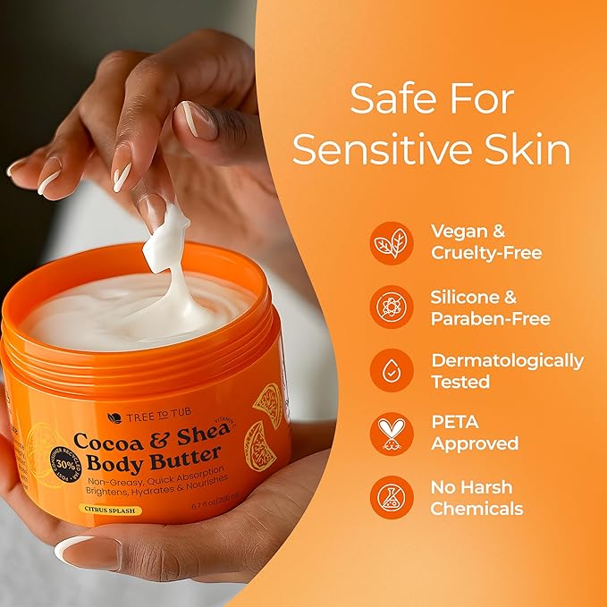 Tree to Tub Shea Body Butter for Dry, Extremely Dry, Sensitive Skin - Moisturizing Body Cream for Women & Men, Hydrating Body Lotion Moisturizer w/Vitamin C, Organic Cocoa, Citrus Scent-FemmiqueWomen