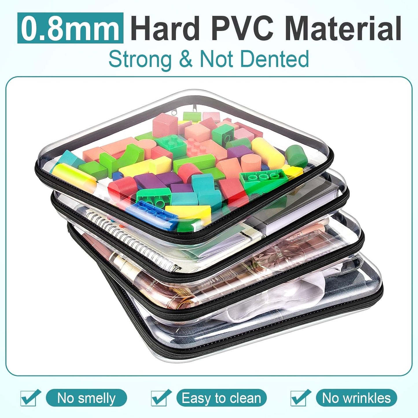 Sanwuta 6 Pcs Clear Hard Zipper Case Pencil Pouches Hard Plastic Zipper Pouches Makeup Bag Transparent Cases for Snacks Plastic Storage Organizer Box for Travel(Black,13.78 x 11.81 x 2 Inch)-FemmiqueWomen