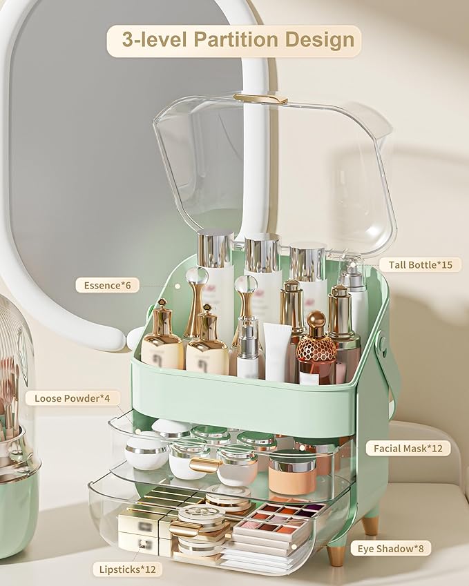 Makeup Organizer, Skincare Holder Bathroom Counter Organizer, Storage Box Cosmetic Display Cases, Teen Girl Gifts Trendy Stuff Make up Organizers for Vanity, Dresser, Countertop (Green)-FemmiqueWomen