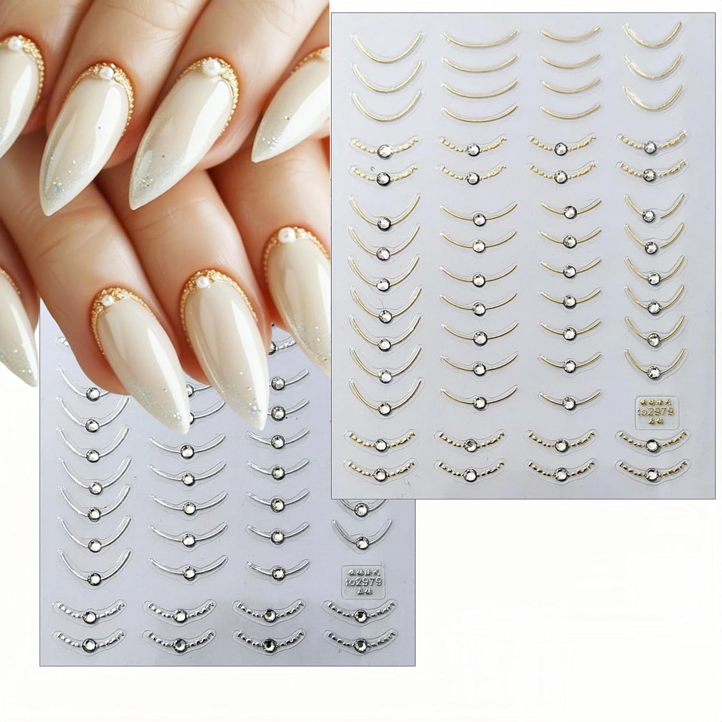 2 Sheets French Tips Nail Art Stickers - 5D Holographic French Simple Gold Silver Line Nail Stickers with Crystal Diamond Design Nail Decals for Women Manicure Decorations-FemmiqueWomen