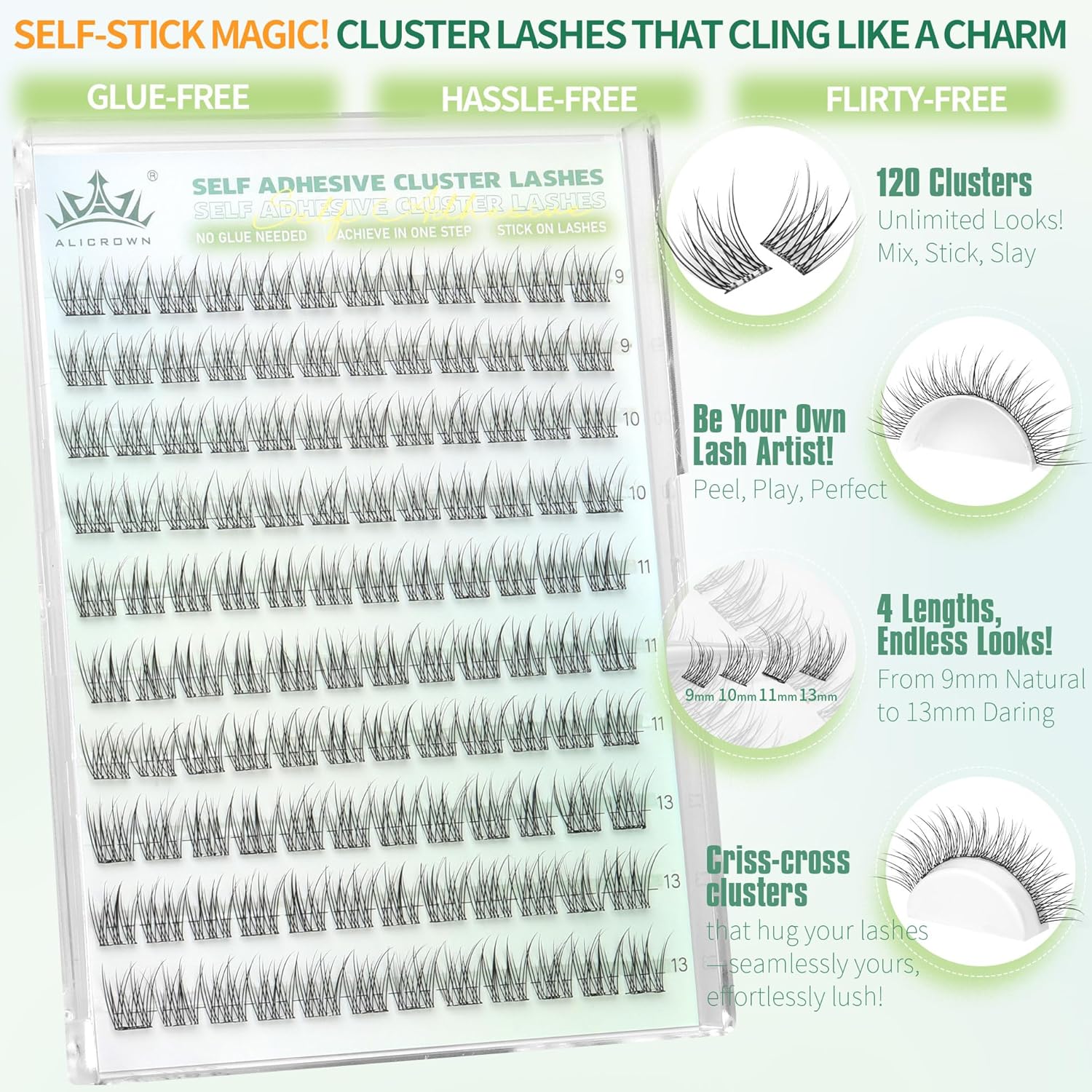 Self Adhesive Lashes Clusters Natural Look No Glue Eyelash Extensions Wispy Pre Glued Self Adhesive Eyelashes Reusable DIY Lash Extensions 120Pcs 9mm 10mm 11mm 13mm-FemmiqueWomen