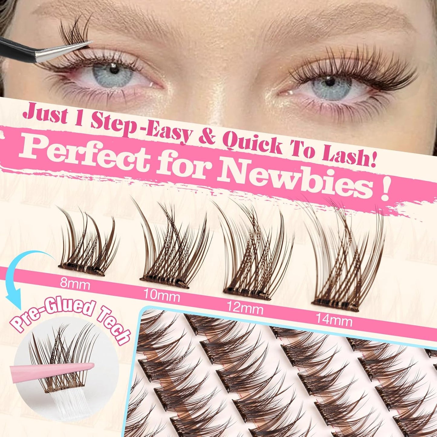 Yawamica Self Adhesive Eyelashes Brown Lash Clusters No Glue Needed Press on Lashes Reusable Pre-glued Eyelash Clusters 8-14mm Wispy Individual Lashes C Curl Cluster Lashes DIY Brown Lash Extension-FemmiqueWomen