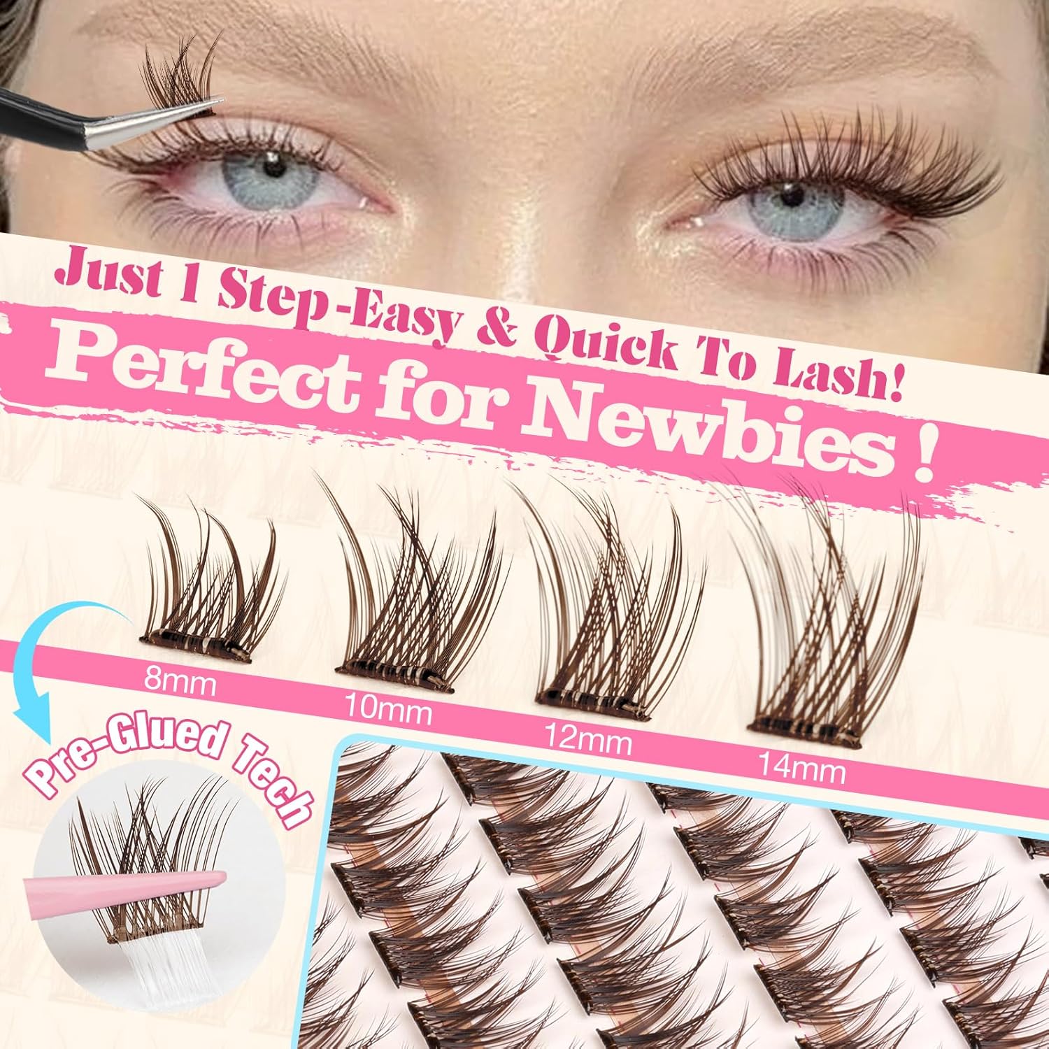 Yawamica Self Adhesive Eyelashes Brown Lash Clusters No Glue Needed Press on Lashes Reusable Pre-glued Eyelash Clusters 8-14mm Wispy Individual Lashes C Curl Cluster Lashes DIY Brown Lash Extension-FemmiqueWomen