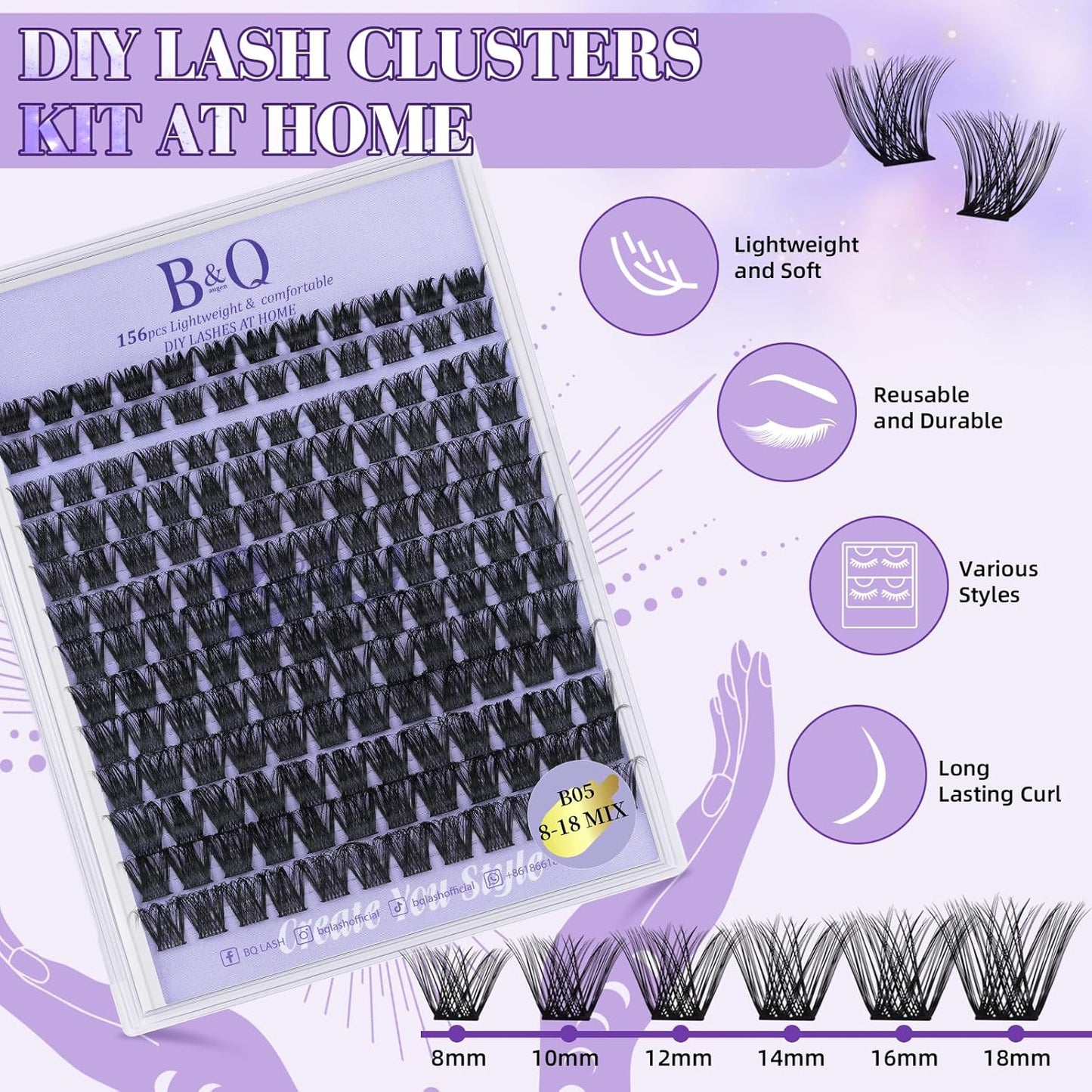 B&Q Lash Clusters 156PCS Lash Clusters Kit B05 DIY Lash Extension Kit Eyelash Extension Kit 8-18mm Lashes Clusters with Lash Bond & Seal Lash Applicator Tool for Self Use (Kit,B05)-FemmiqueWomen