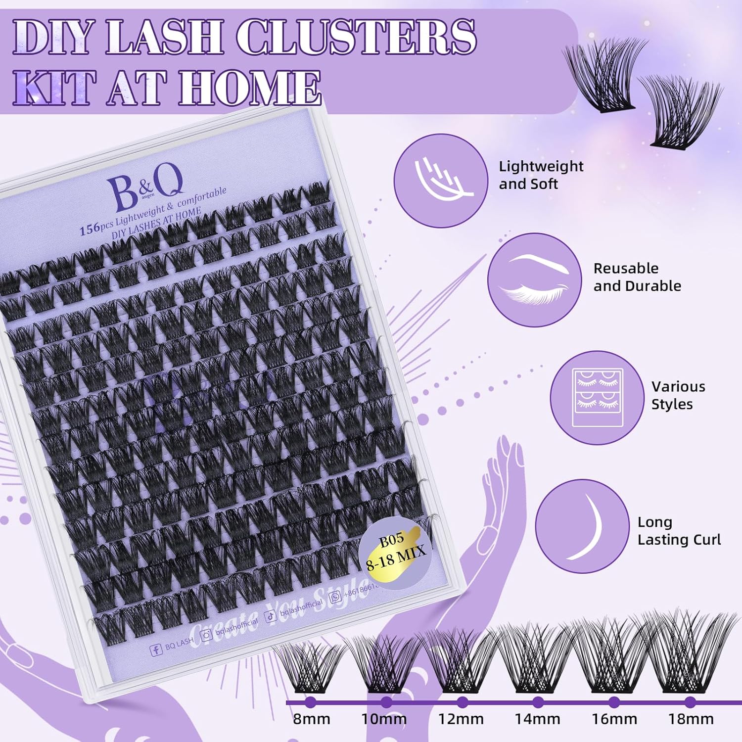 B&Q Lash Clusters 156PCS Lash Clusters Kit B05 DIY Lash Extension Kit Eyelash Extension Kit 8-18mm Lashes Clusters with Lash Bond & Seal Lash Applicator Tool for Self Use (Kit,B05)-FemmiqueWomen