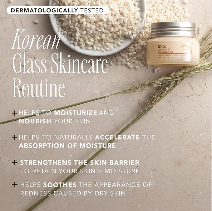 The Face Shop Rice Ceramide Moisturizing Cream - Rice Extract + Rice Bran Oil - Hydrating Targets Dryness, Brightening - Dermatologically Tested - Lightweight Moisturizer Face Cream - Korean Skin Care-FemmiqueWomen