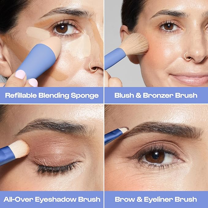 Alleyoop Multi-Tasker 4-in-1 Travel Makeup Brush Set – Compact Makeup Brushes with Blending Sponge, Eyeshadow, Eyebrow & Liner, Blush & Bronzer Brush – Mini Makeup Tools Kit for Women, Vegan-FemmiqueWomen