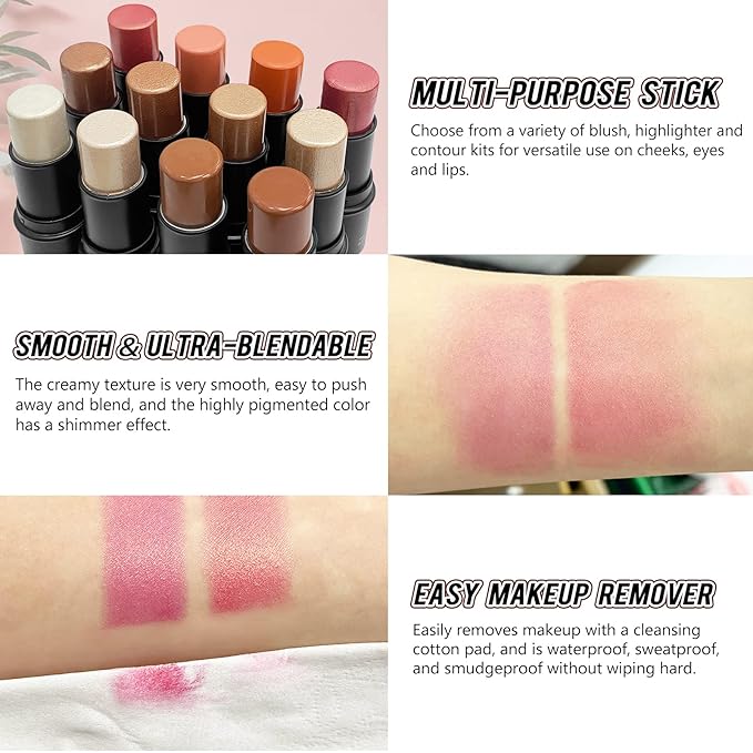 2 Pcs Cream Blush Stick Makeup Kit, Natural Shimmer & Matte Stick Blush Wand for Cheeks, Lightweight Blendable Silky Cream Blush Makeup -Shimmer Blush (#01 Shimmer Pink #04 Shimmer Fuchsia)-FemmiqueWomen