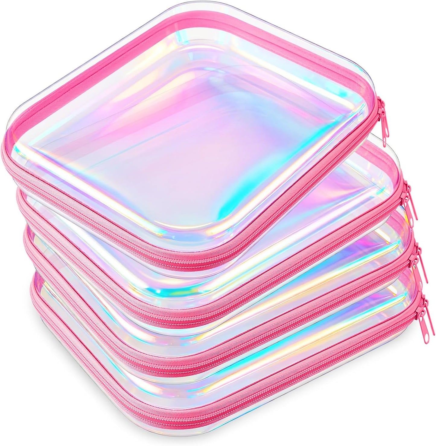 Hoolerry 4 Pcs Hard Clear Zipper Case Makeup Bags Plastic Pencil Pouch Transparent Storage Box Containers for Cosmetics, Snacks, Building Blocks, Puzzles(Pink Laser,9.8 x 7.9 x 2 in)-FemmiqueWomen