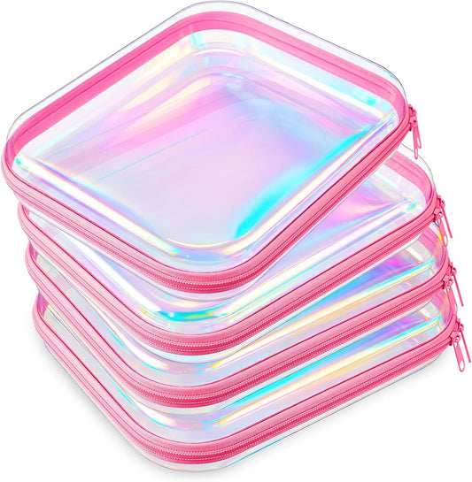 Hoolerry 4 Pcs Hard Clear Zipper Case Makeup Bags Plastic Pencil Pouch Transparent Storage Box Containers for Cosmetics, Snacks, Building Blocks, Puzzles(Pink Laser,9.8 x 7.9 x 2 in)-FemmiqueWomen